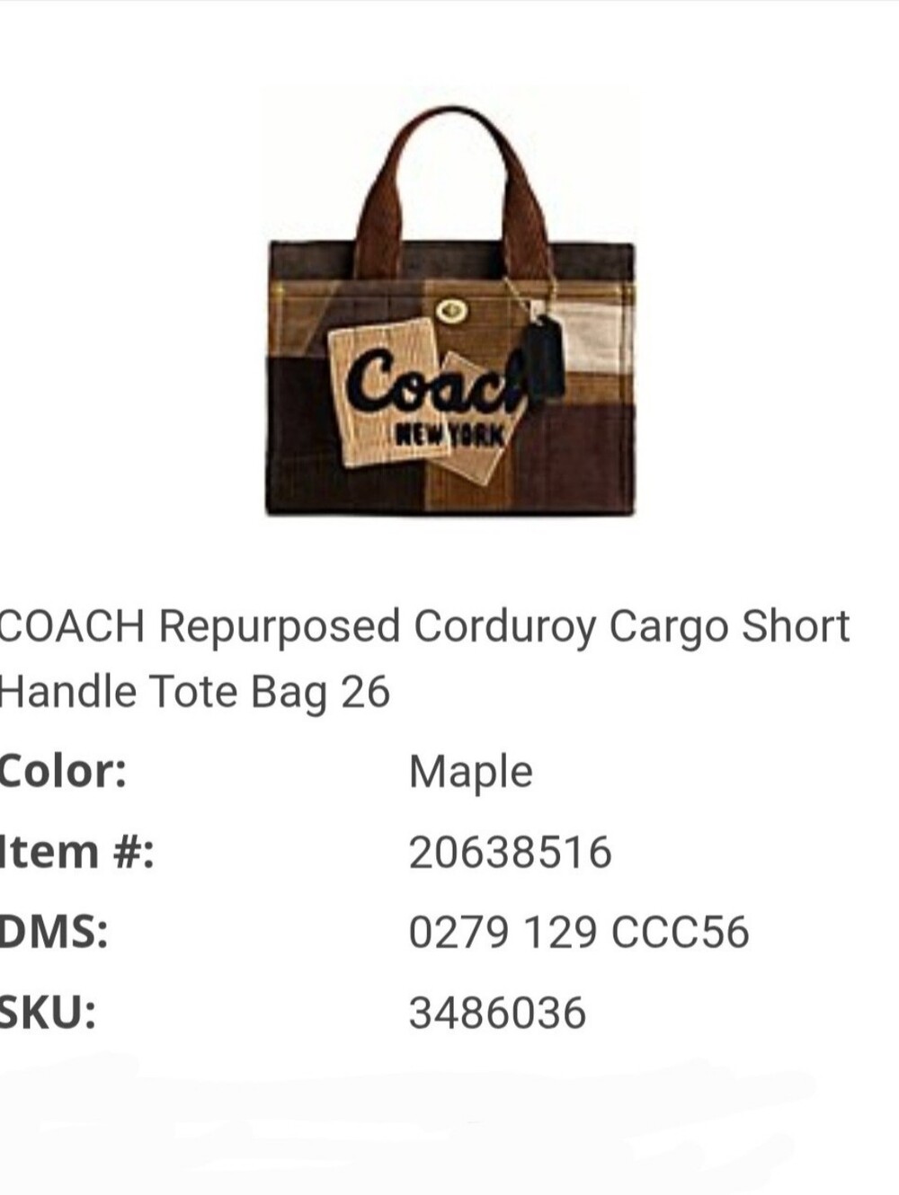 NWOT - Coach Patchwork Corduroy Tote in Brown and Tan - Never Used - Picture 6 of 6